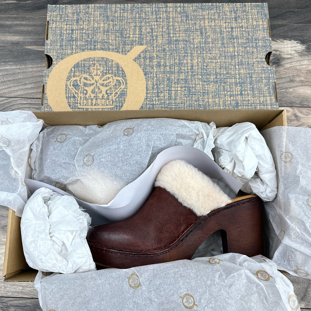 Born Hope 8M Shearling-Lined Open Back Heeled Distressed Leather Clogs Dark Red - Picture 12 of 12